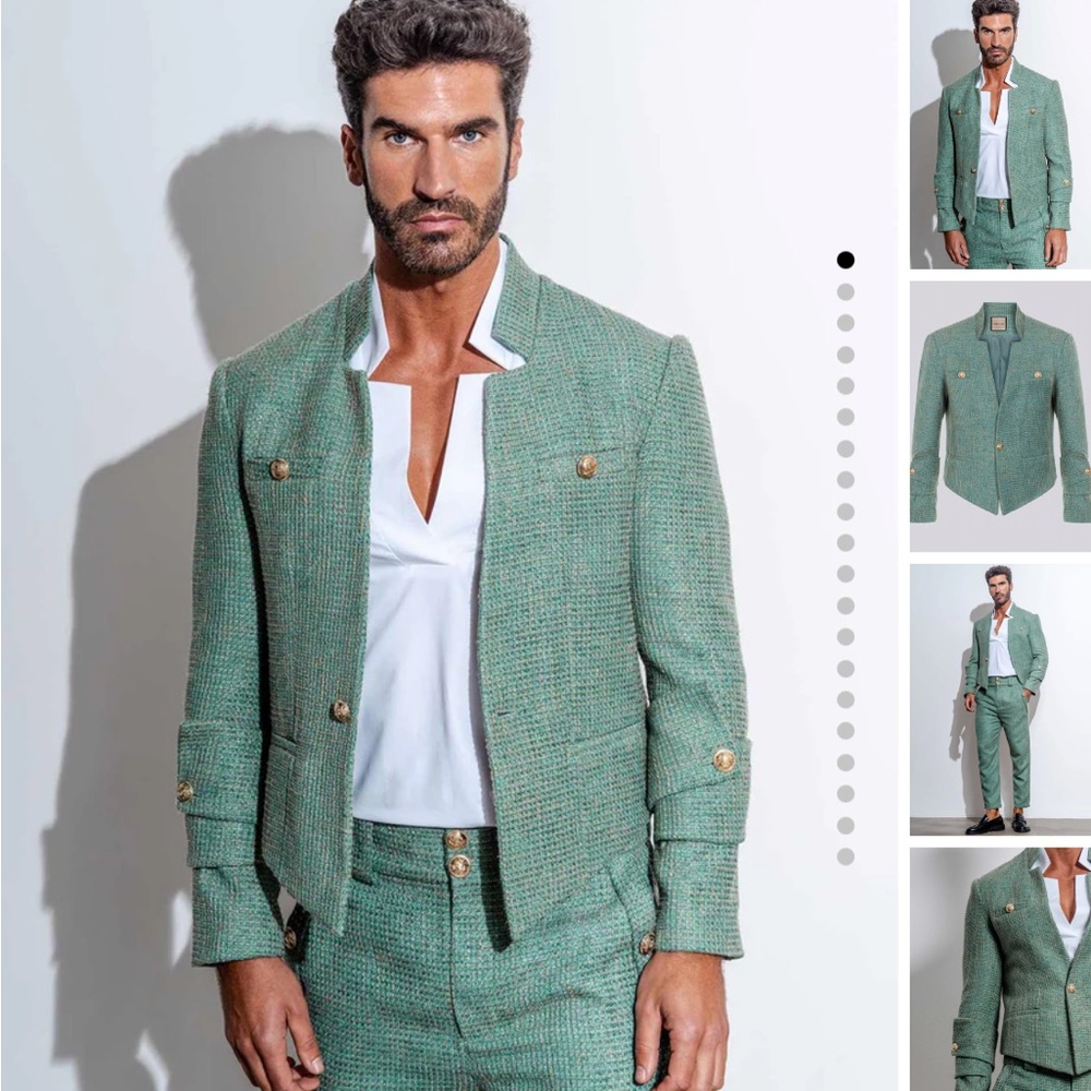 ORTTU Star Neck Jacket Green Tweed Gold Accents Size Medium Military Glamor $290 - Picture 2 of 13